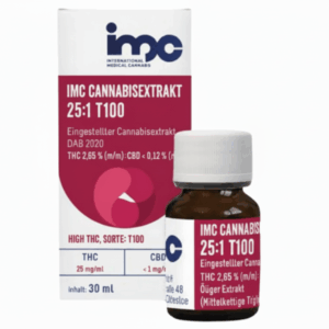 Eine kleine braune Glasflasche mit der Aufschrift "IMC Cannabisextrakt 25:1" steht vor ihrer weiß-rosa Schachtel, auf der THC/CBD-Gehalt, Dosierung und Produktinformationen in deutscher Sprache für Medizinalcannabis aus der Cannabis-Apotheke aufgeführt sind.