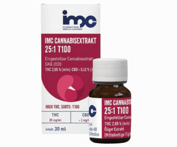 Eine kleine braune Glasflasche mit der Aufschrift "IMC Cannabisextrakt 25:1" steht vor ihrer weiß-rosa Schachtel, auf der THC/CBD-Gehalt, Dosierung und Produktinformationen in deutscher Sprache für Medizinalcannabis aus der Cannabis-Apotheke aufgeführt sind.