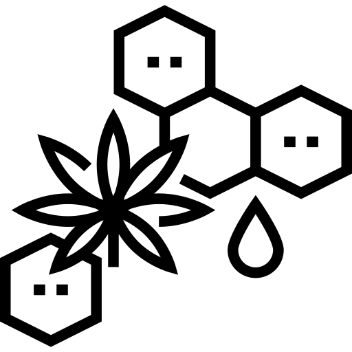 Eine schwarze Umrissillustration, die ein Cannabisblatt, ein Tropfensymbol und die Molekularstruktur einer chemischen Verbindung zeigt, die möglicherweise Medizinalcannabis oder Cannabis Vollspektrumextrakt darstellt.