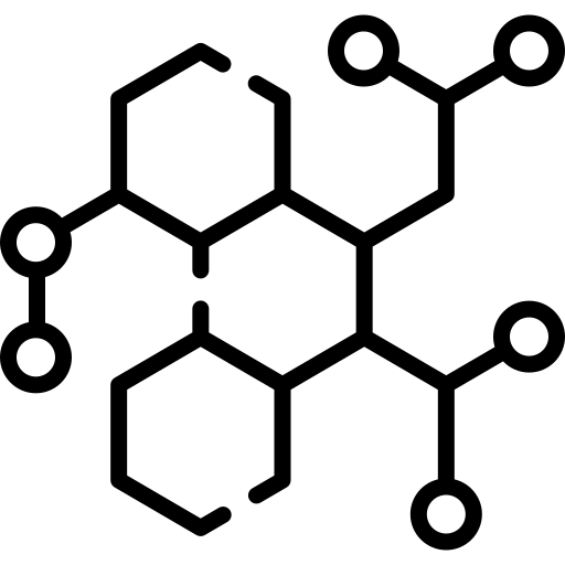 Eine schwarz-weiße Strichzeichnung einer molekularen Struktur, die möglicherweise medizinisches Cannabis darstellt, mit drei miteinander verbundenen Sechsecken und fünf Kreisen, die Atome darstellen, die an verschiedenen Punkten befestigt sind.
