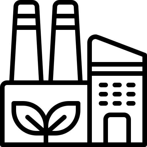 Eine schwarz-weiße Strichzeichnung einer Fabrik mit zwei hohen Schornsteinen, kleinen Fenstern und einer Pflanze mit zwei Blättern im Vordergrund, die auf ein umweltfreundliches Industriekonzept wie eine Medizinalcannabis- oder Cannabis-Apothekeneinrichtung hinweist.