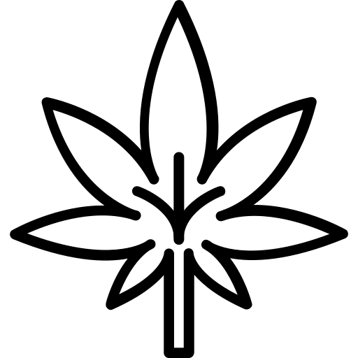 Eine einfache schwarze Umrissillustration eines Cannabis- oder Marihuanablattes mit fünf spitzen Abschnitten und einem kurzen Stiel, perfekt für die Darstellung von medizinischem Cannabis in einer Cannabis Apotheke, auf einem schlichten weißen Hintergrund.