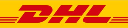 Das DHL-Logo zeigt die fetten roten Buchstaben DHL mit drei horizontalen roten Linien vor einem gelben Hintergrund - erkennbar, egal ob Sie medizinisches Cannabis oder andere wichtige Dinge versenden.