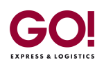 Logo für GO! Express & Logistics mit dem Wort GO! in großen roten Buchstaben, darunter EXPRESS & LOGISTICS in kleinerer schwarzer Schrift auf weißem Hintergrund - ideal für Lieferungen von medizinischem Cannabis aus Ihrer Apotheke.