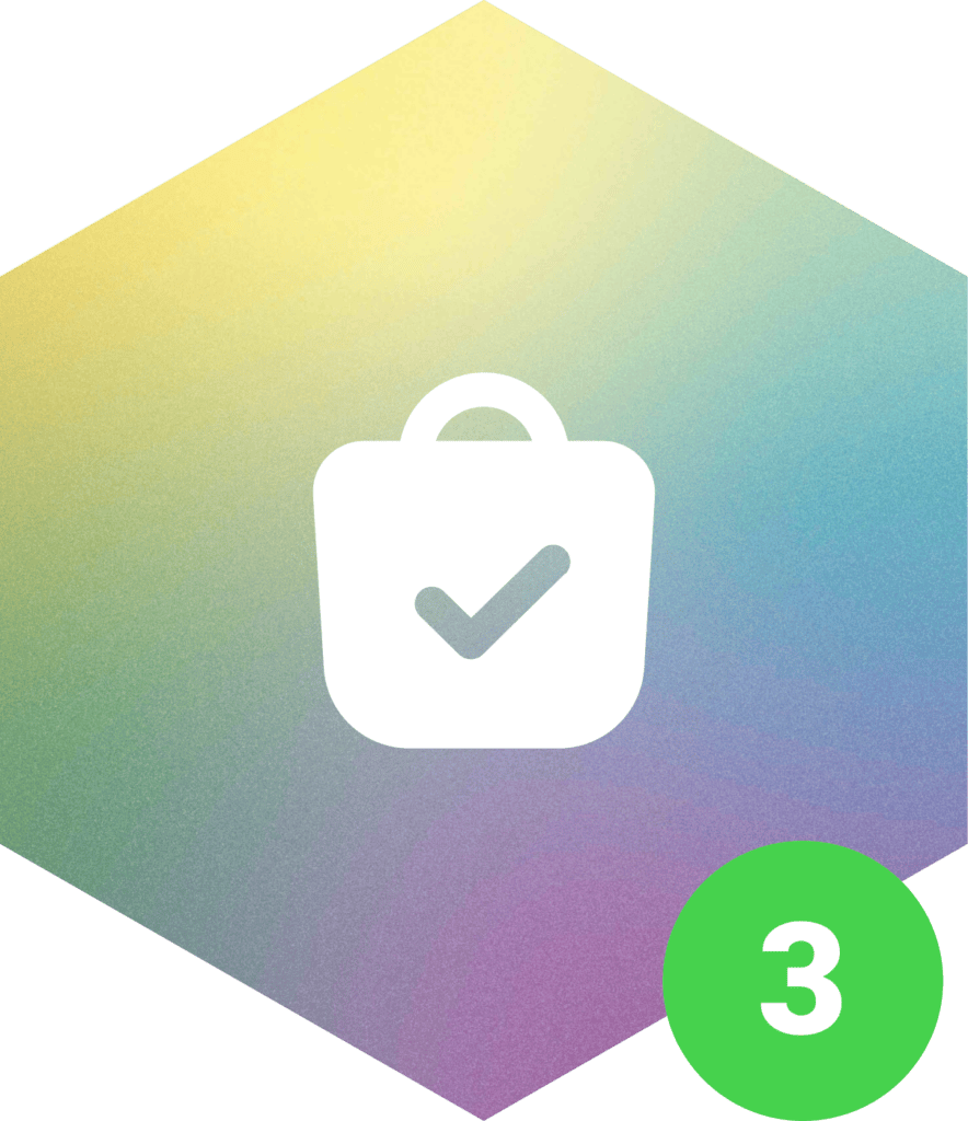 Ein weißes Einkaufstaschensymbol mit einem Häkchen ist auf einem sechseckigen, mehrfarbigen Hintergrund mit Farbverlauf zentriert. In der unteren rechten Ecke zeigt ein grüner Kreis die Zahl 3 in weißer Schrift, die auf die Verfügbarkeit von Medizinalcannabis hinweist.