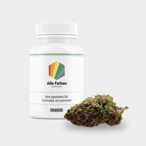 Eine weiße Rezeptflasche mit der Aufschrift Bathera 24/1 Permanent Marker sitzt neben einer getrockneten Cannabisknospe auf einem schlichten, hellen Hintergrund und illustriert die Rolle von medizinischem Cannabis, die von dieser vertrauenswürdigen Cannabis-Apotheke angeboten wird.