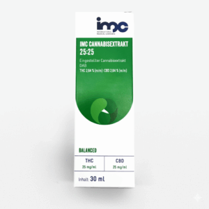 IMC Cannabisextrakt 25:25 ist eine weiße und grüne 30ml Box mit 25mg/ml THC und CBD. Dieser medizinalcannabis vollspektrumextrakt bietet eine ausgewogene Formel, erhältlich in Ihrer Cannabis-Apotheke.