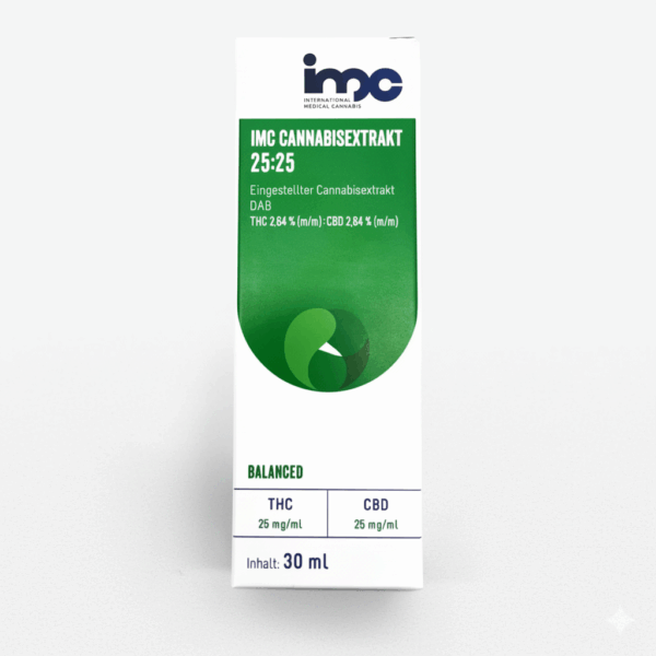 IMC Cannabisextrakt 25:25 ist eine weiße und grüne 30ml Box mit 25mg/ml THC und CBD. Dieser medizinalcannabis vollspektrumextrakt bietet eine ausgewogene Formel, erhältlich in Ihrer Cannabis-Apotheke.