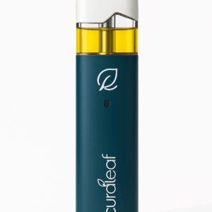 Der Curaleaf Medizinischer Vape Pen (Komplettsystem=Kartusche 0,5mL + Inhalator) verfügt über ein teal-weißes Design mit einem transparenten gelben Reservoir, Leaf-Logo und vertikalem "Curaleaf"-Aufdruck, bestimmt für medizinisches Cannabis. Abgebildet auf einem weißen Hintergrund.